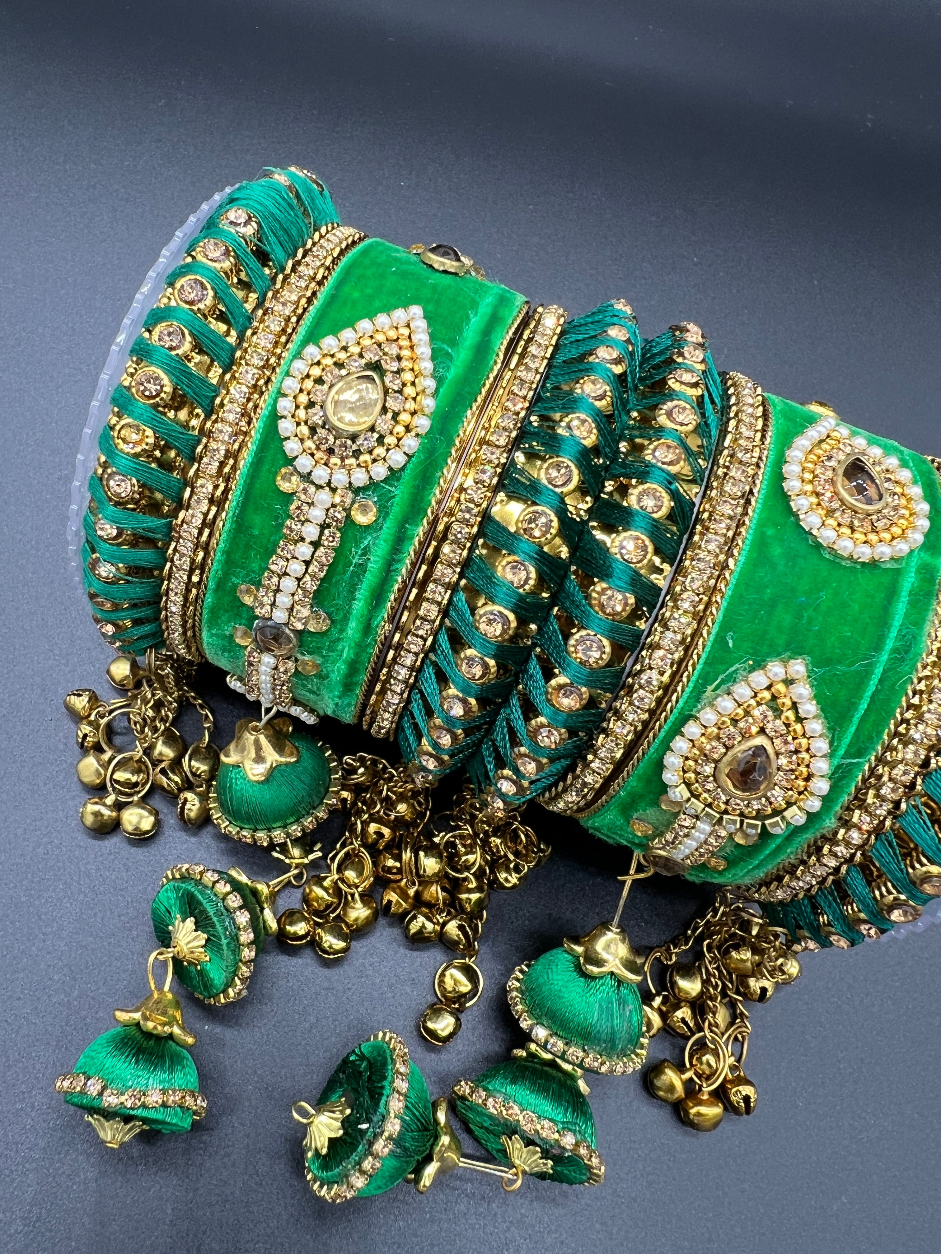 Green Thread and Gold Stone Work Bangles - Desi Posh
