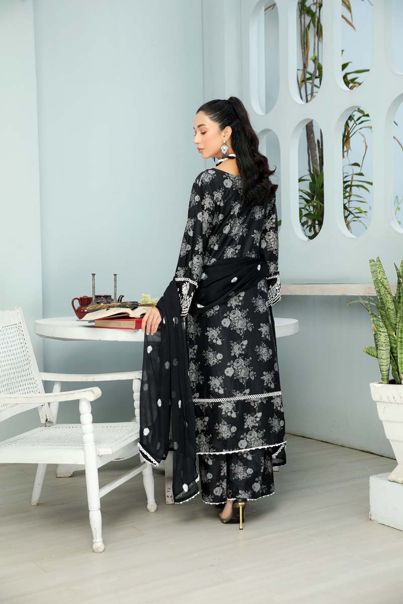 Husan Chikan Lawn Suit With Embroidered Chiffon Dupatta HJ05 - Desi Posh