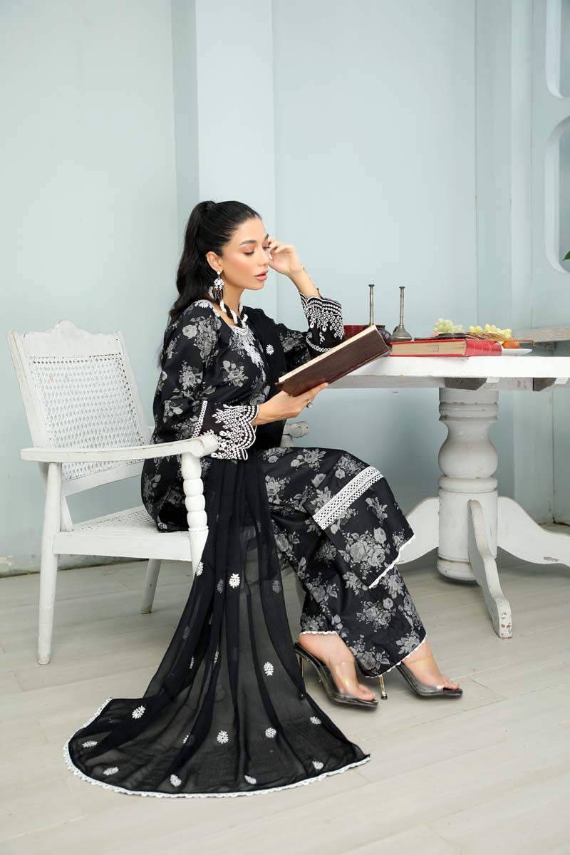 Husan Chikan Lawn Suit With Embroidered Chiffon Dupatta HJ05 - Desi Posh