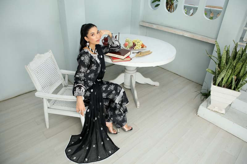 Husan Chikan Lawn Suit With Embroidered Chiffon Dupatta HJ05 - Desi Posh