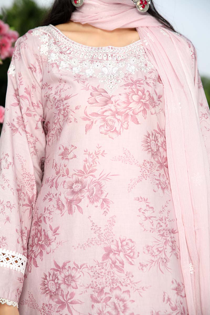 Husan Chikan Lawn Suit With Embroidered Chiffon Dupatta HJ03 - Desi Posh