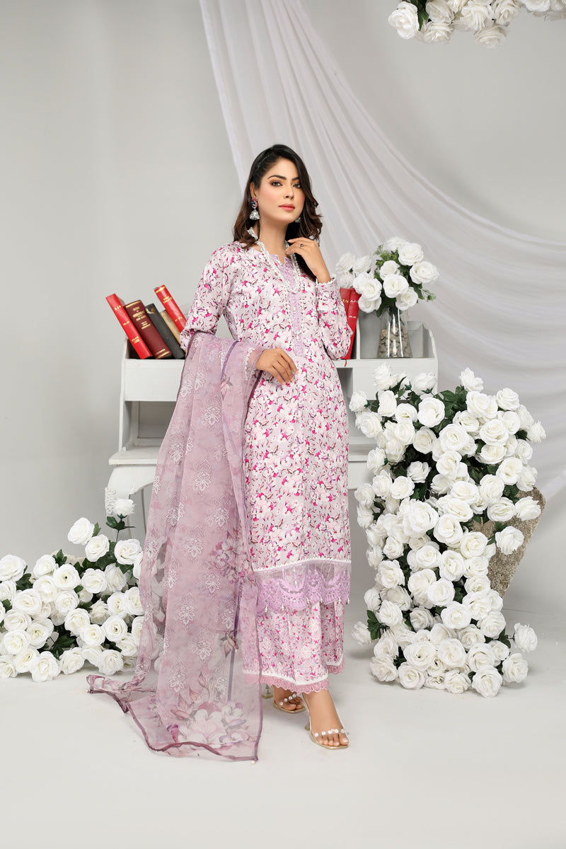 Floral Eid Suit With Digital Print Net Dupatta SHR5 - Desi Posh