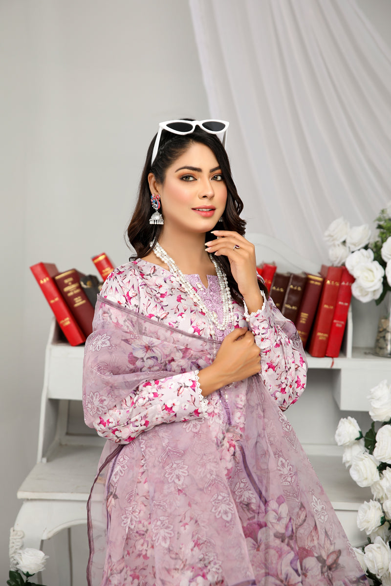 Floral Eid Suit With Digital Print Net Dupatta SHR5 - Desi Posh