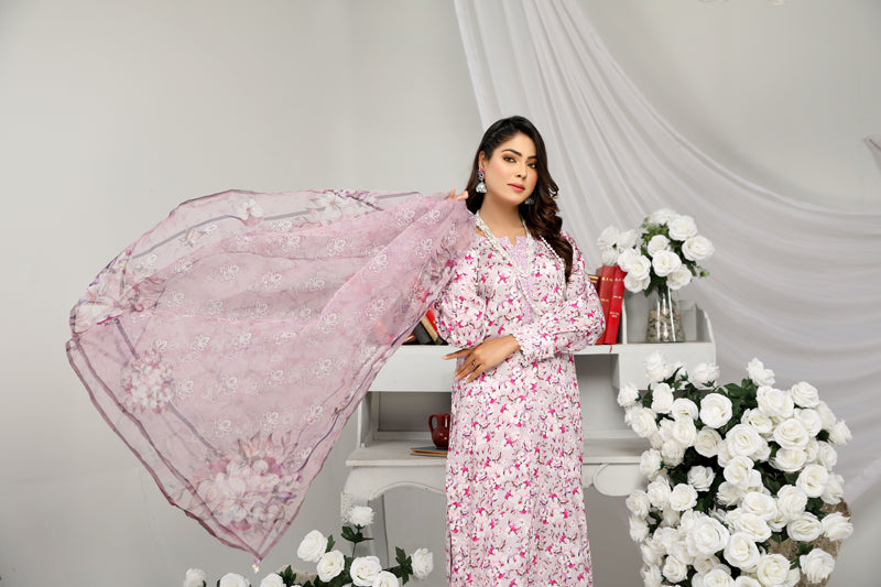Floral Eid Suit With Digital Print Net Dupatta SHR5 - Desi Posh
