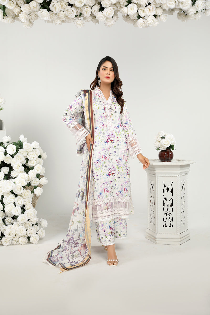 Floral Eid Suit With Digital Print Net Dupatta SHR1 - Desi Posh