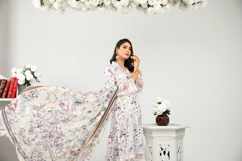 Floral Eid Suit With Digital Print Net Dupatta SHR1 - Desi Posh