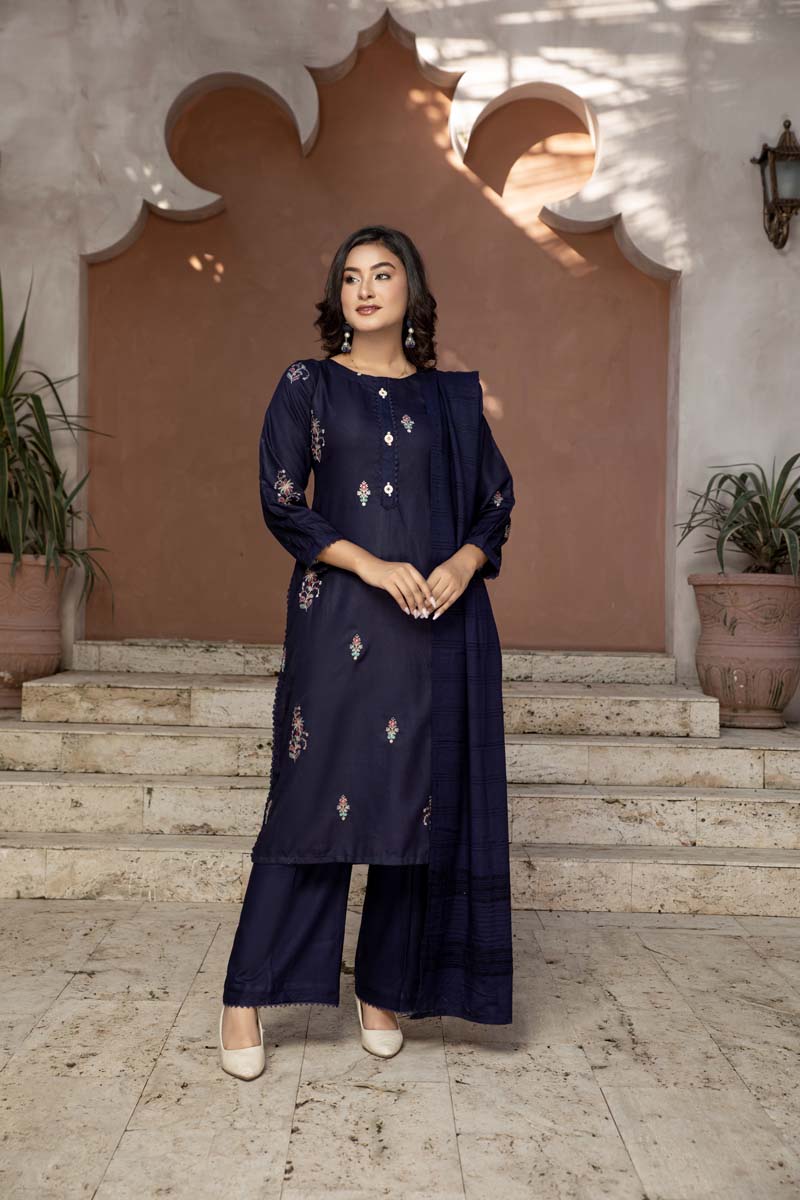 Dhanak Embroidered 3 Piece Winter Outfit With Shawl WL01 - Desi Posh