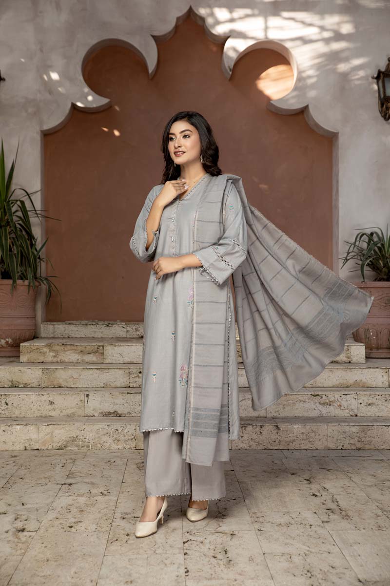 Dhanak Embroidered 3 Piece Winter Outfit With Shawl WL04 - Desi Posh