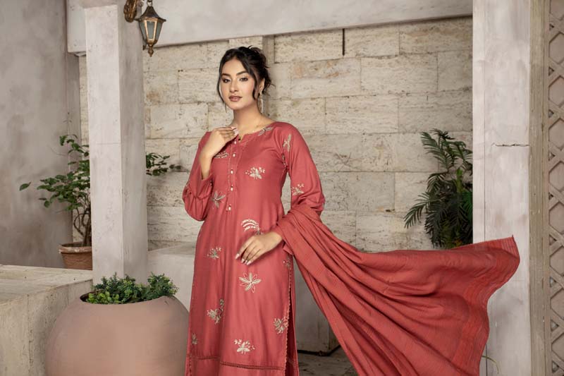 Dhanak Embroidered 3 Piece Winter Outfit With Shawl WL05 - Desi Posh