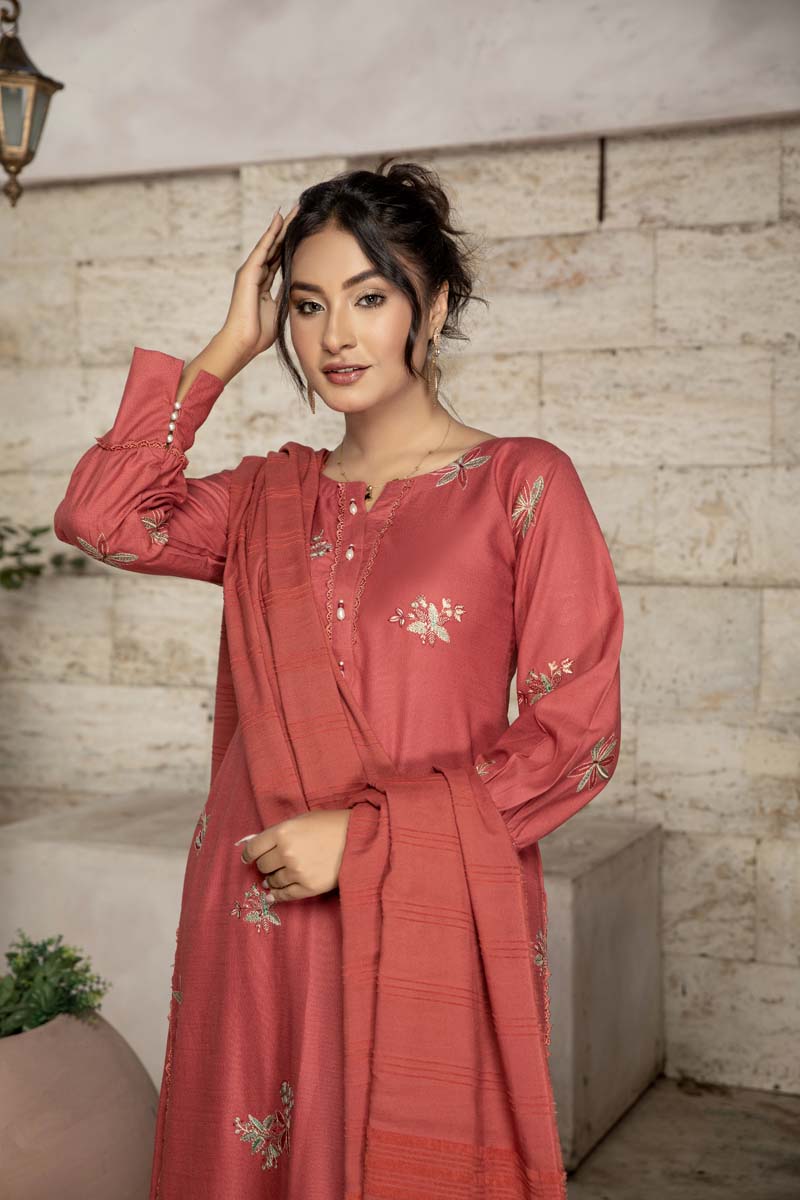 Dhanak Embroidered 3 Piece Winter Outfit With Shawl WL05 - Desi Posh