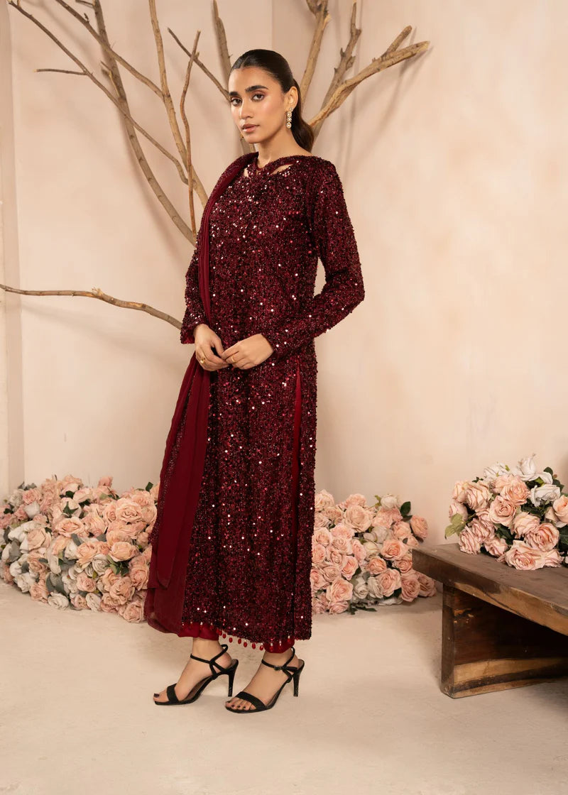 Moonlight Maroon Designer Luxe Embroidered 3 Piece Shimmer Outfit - Desi Posh