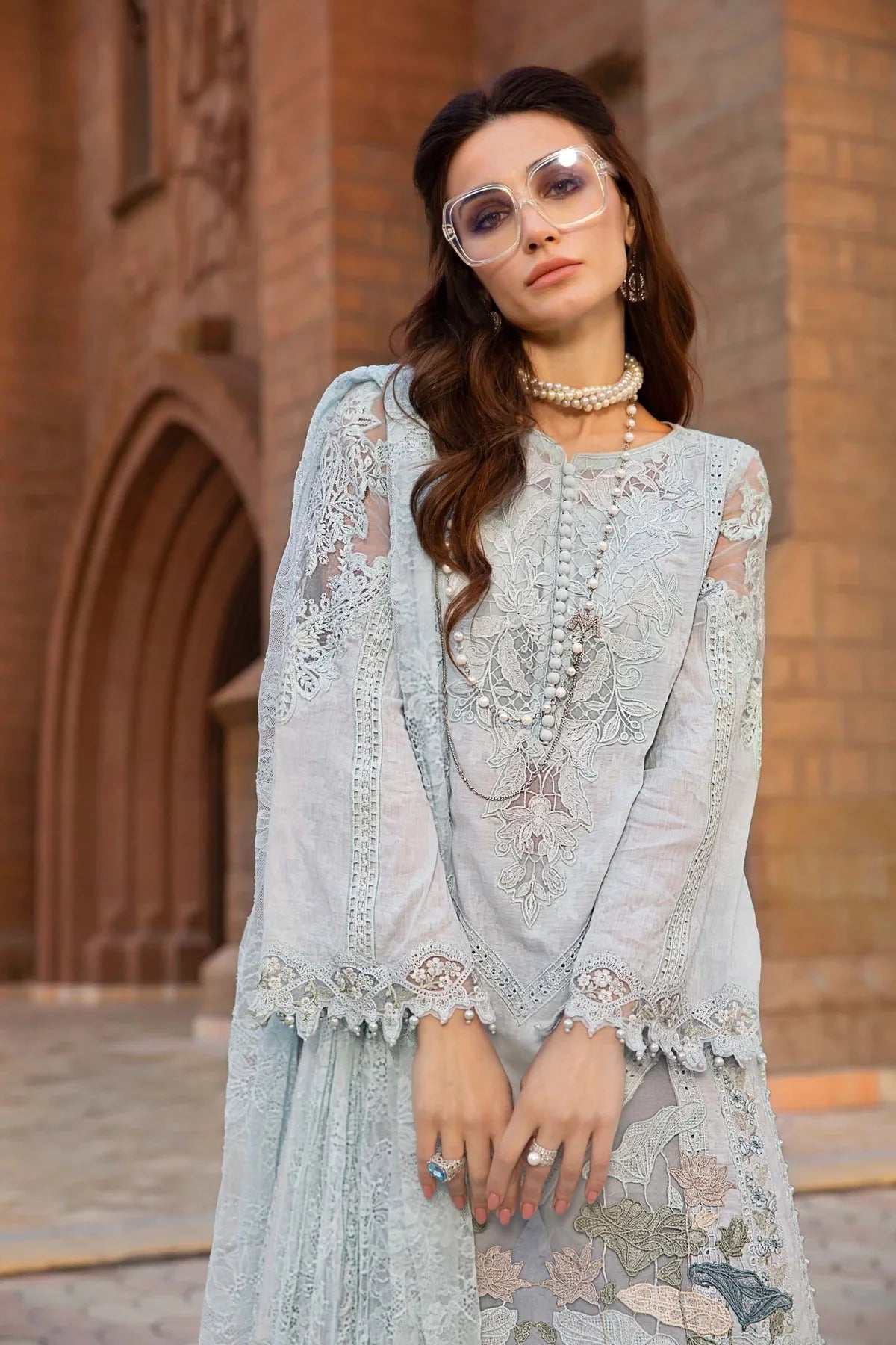 Maria B Inspired Embroidered Lawn Ice Blue 3 Piece Outfit With Net Dupatta - Desi Posh