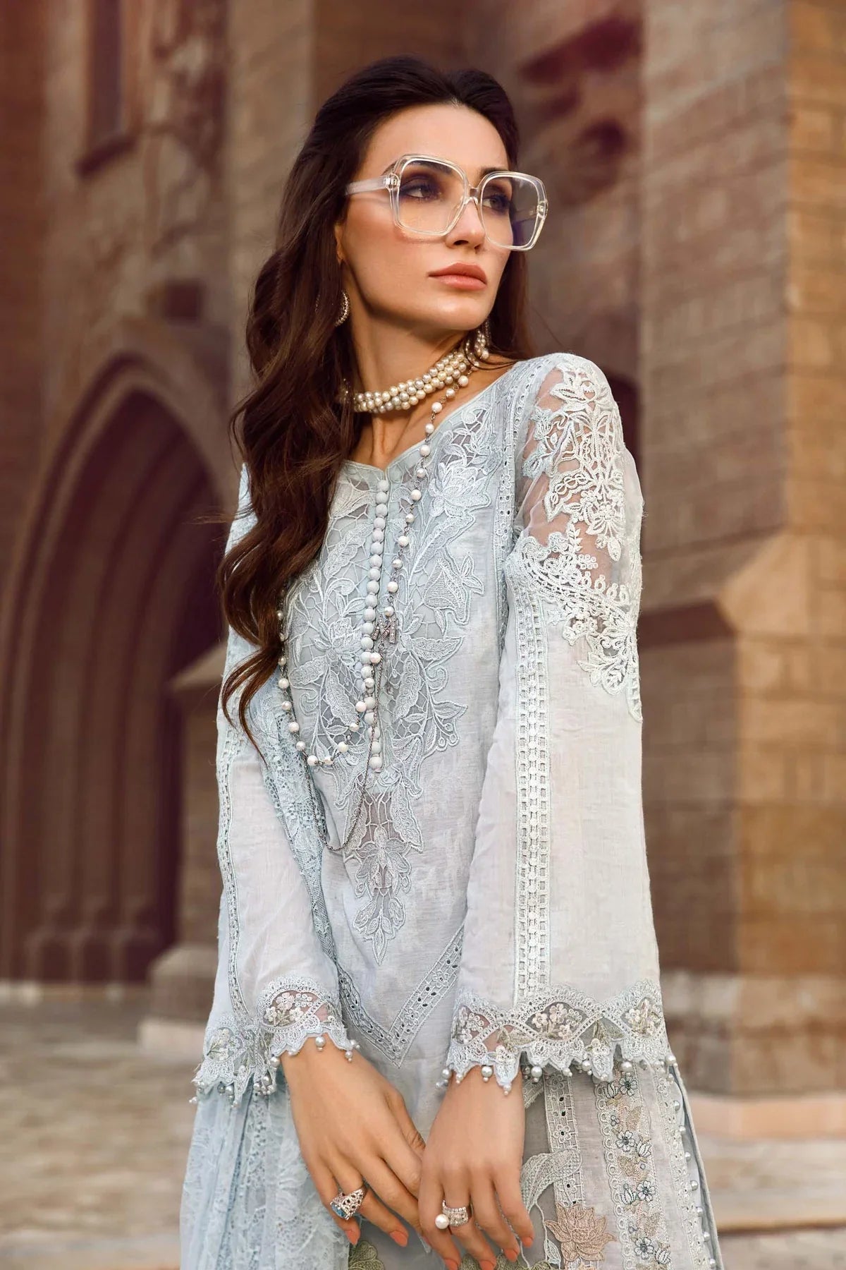 Maria B Inspired Embroidered Lawn Ice Blue 3 Piece Outfit With Net Dupatta - Desi Posh