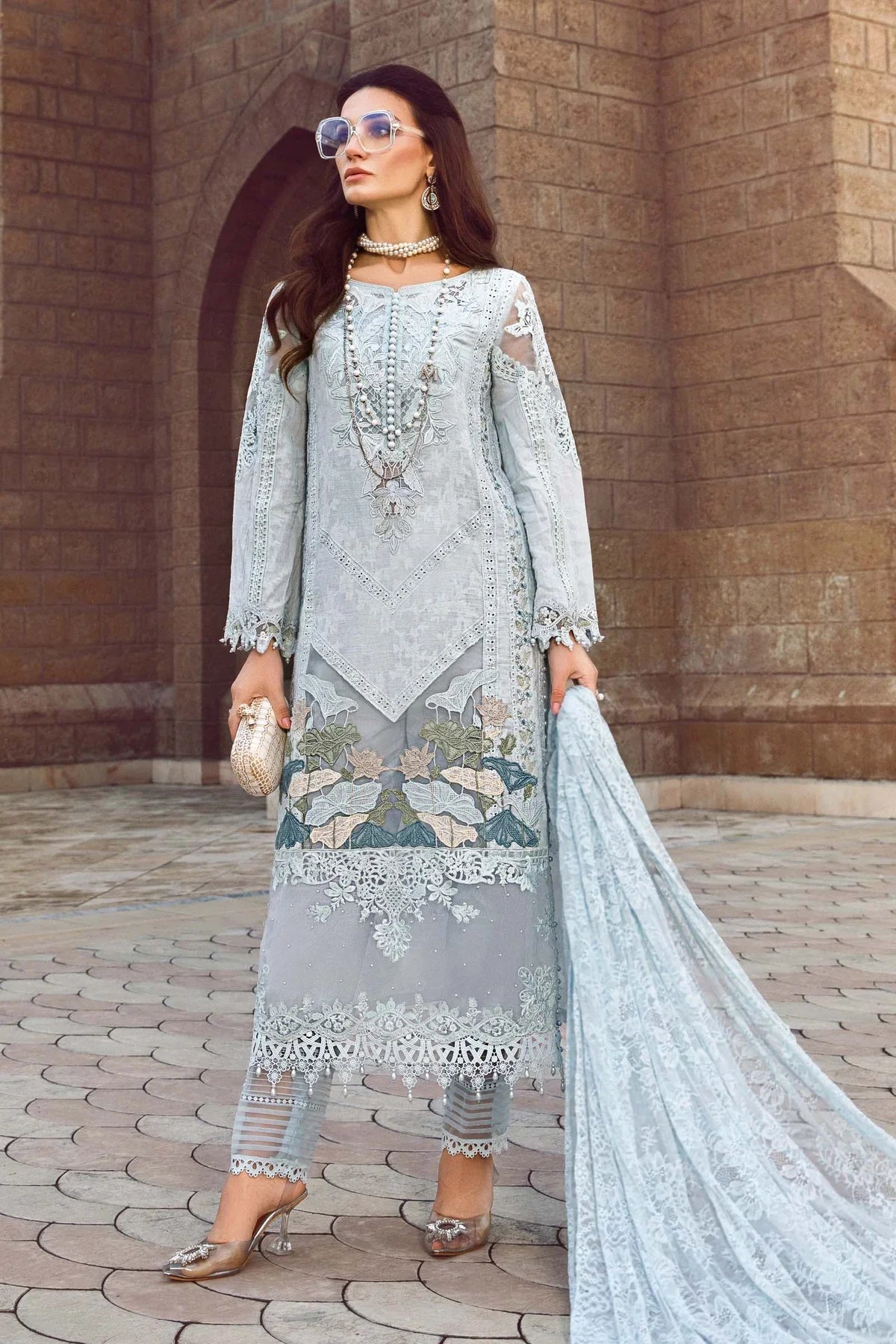 Maria B Inspired Embroidered Lawn Ice Blue 3 Piece Outfit With Net Dupatta - Desi Posh