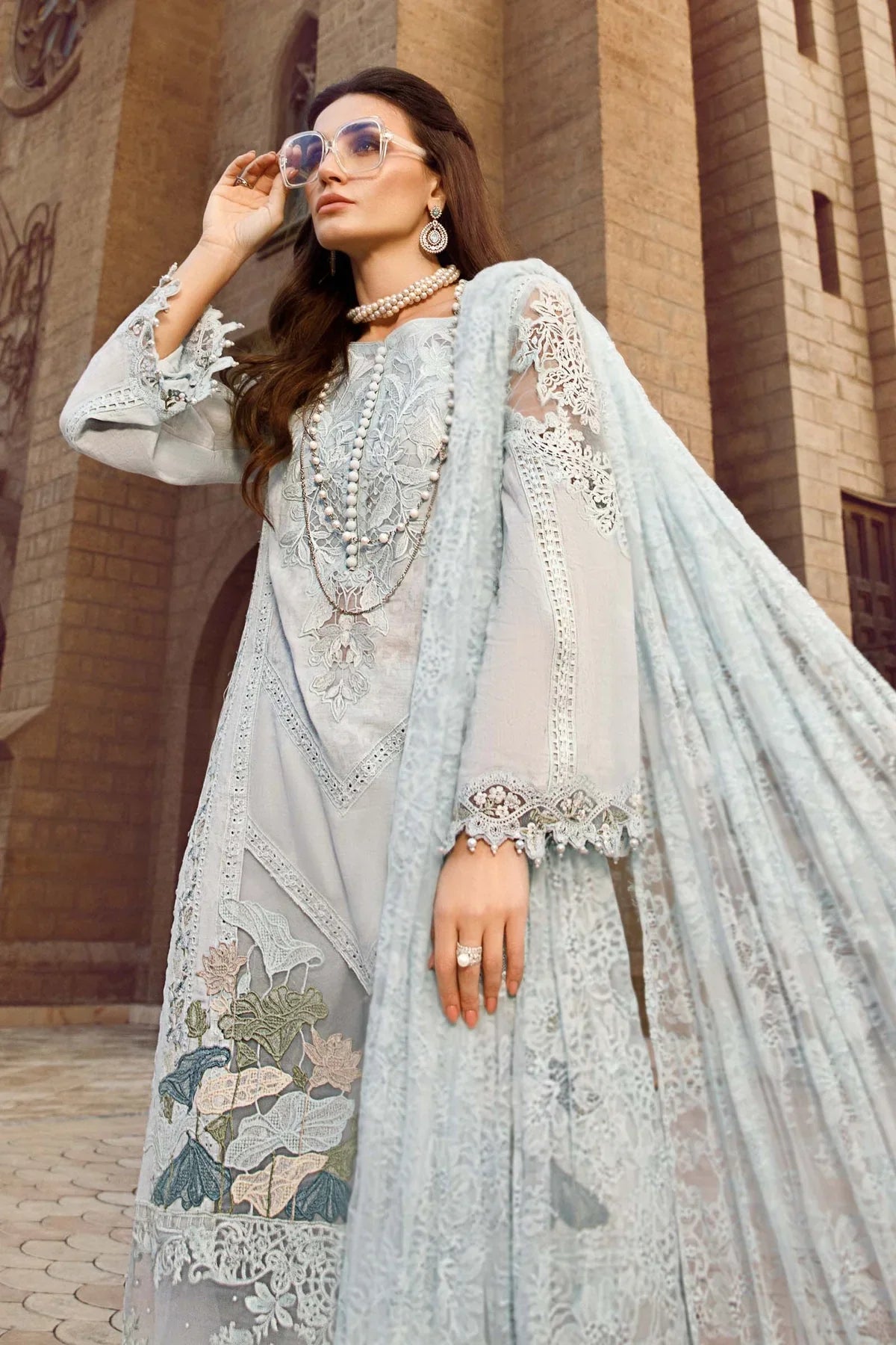 Maria B Inspired Embroidered Lawn Ice Blue 3 Piece Outfit With Net Dupatta - Desi Posh