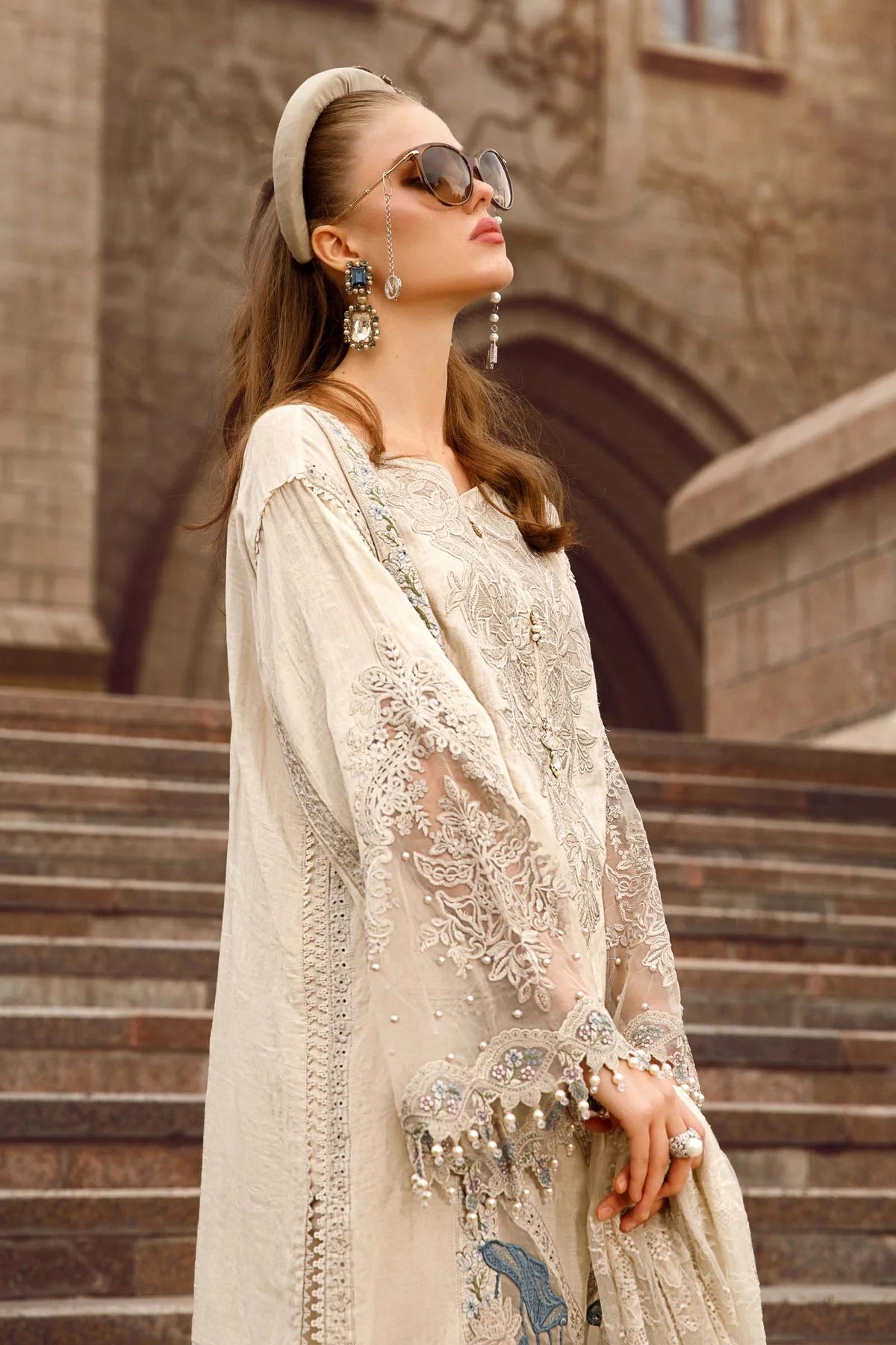 Maria B Inspired Embroidered Light Beige Lawn Outfit With Net Dupatta - Desi Posh