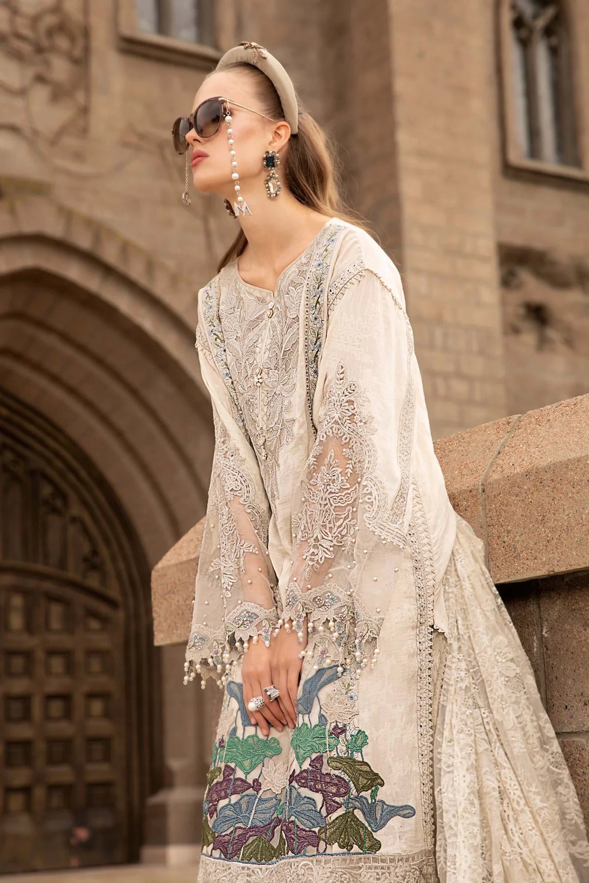 Maria B Inspired Embroidered Light Beige Lawn Outfit With Net Dupatta - Desi Posh