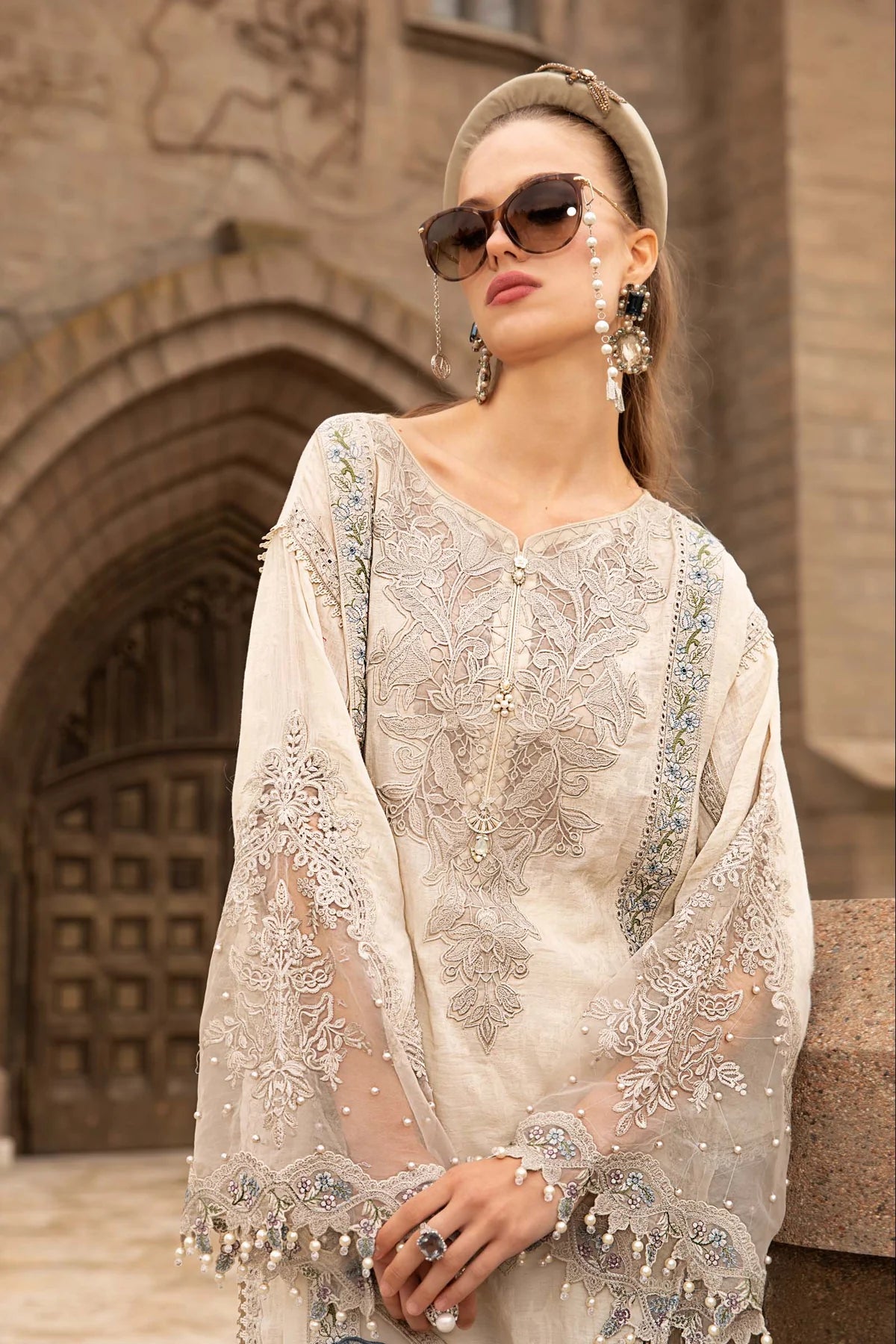 Maria B Inspired Embroidered Light Beige Lawn Outfit With Net Dupatta - Desi Posh