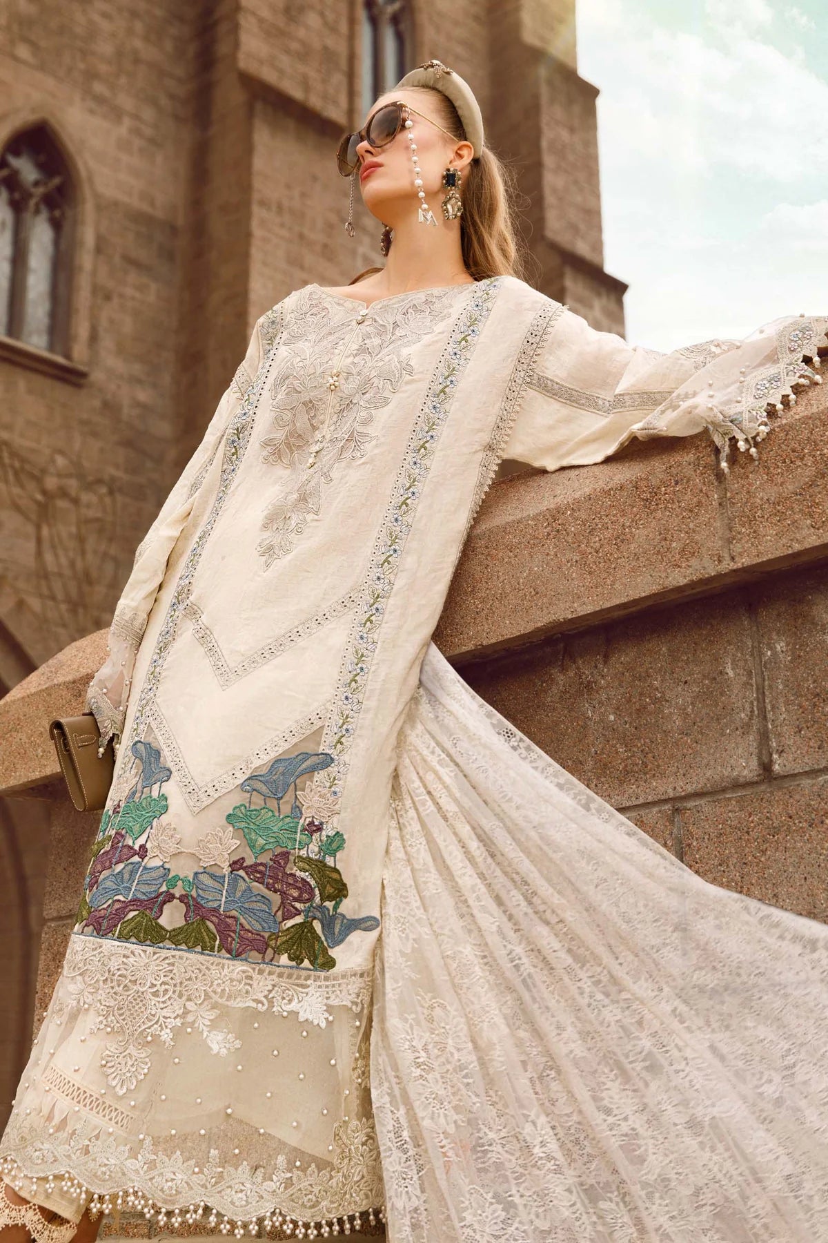 Maria B Inspired Embroidered Light Beige Lawn Outfit With Net Dupatta - Desi Posh