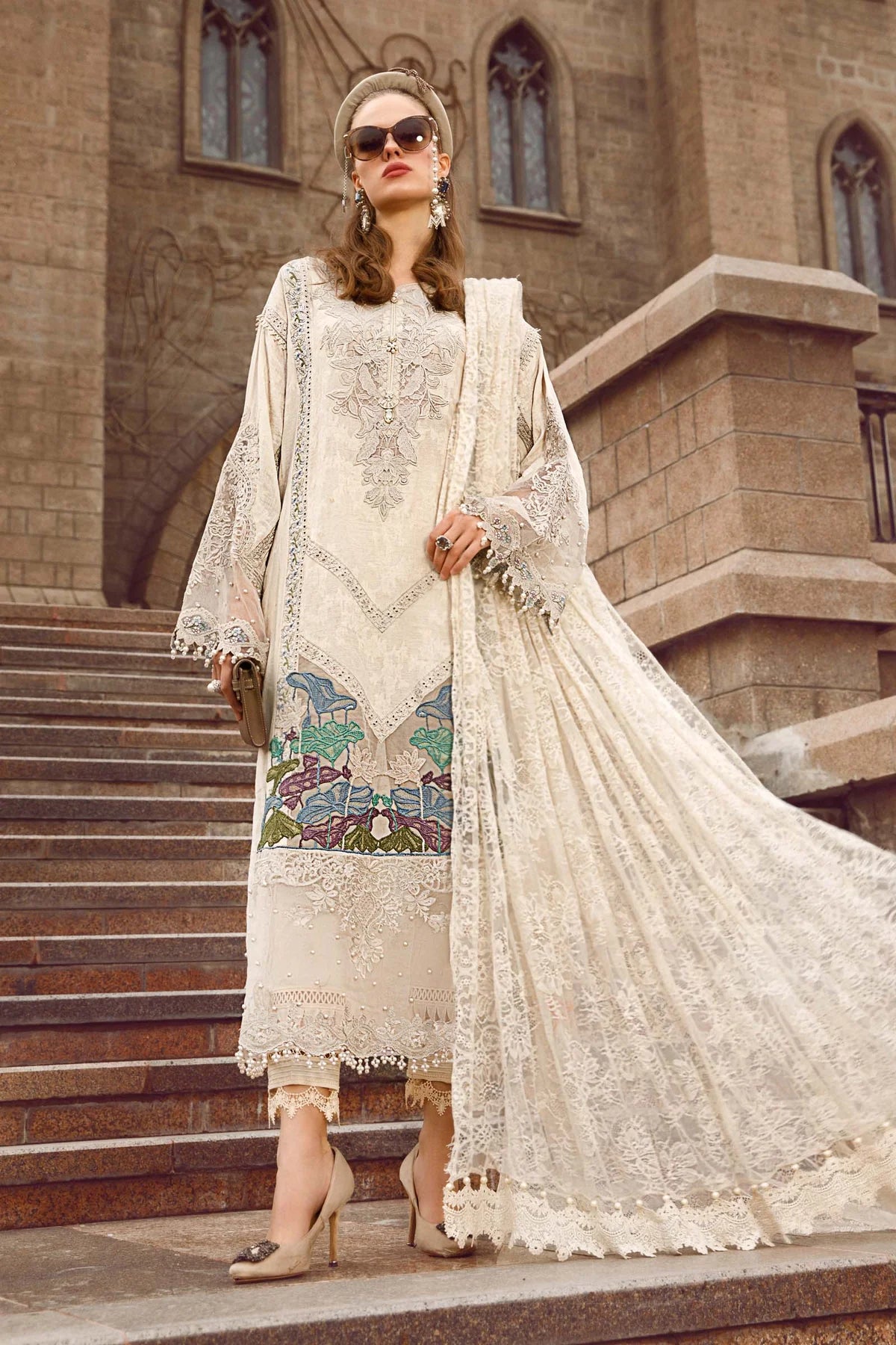 Maria B Inspired Embroidered Light Beige Lawn Outfit With Net Dupatta - Desi Posh