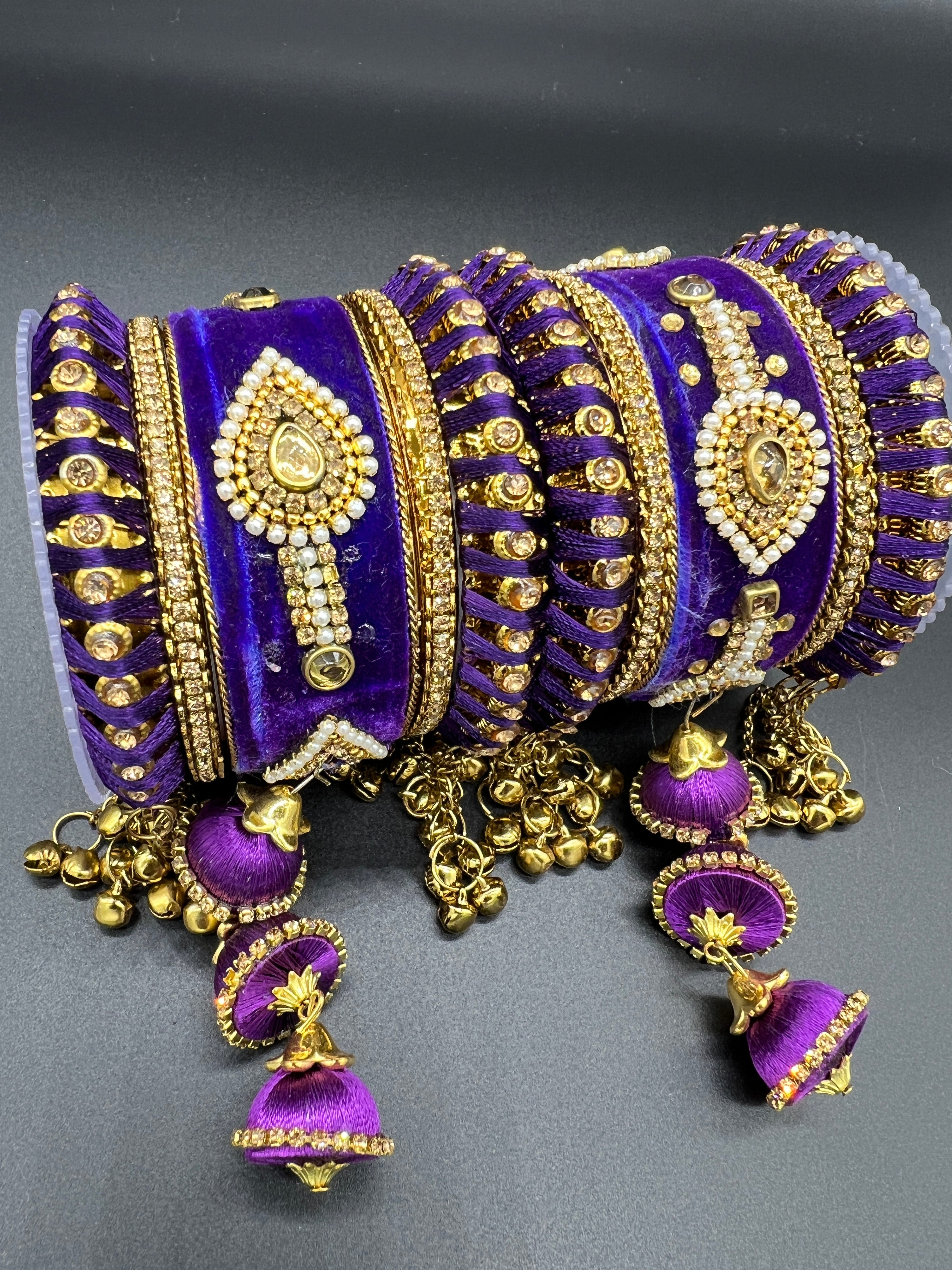 Purple Thread and Gold Stone Work Bangles - Desi Posh