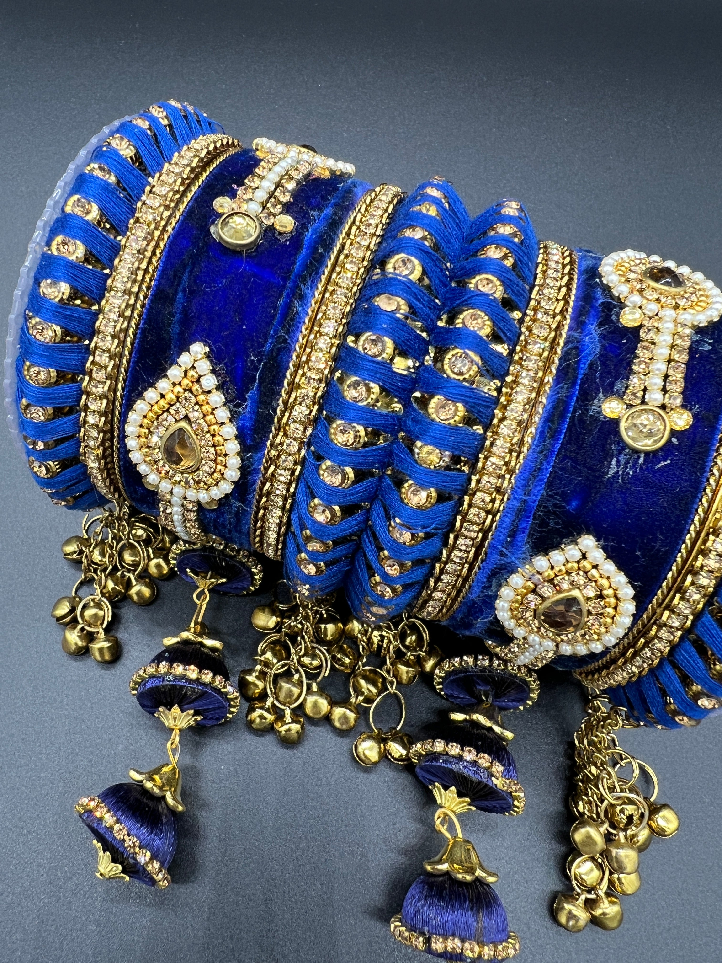 Navy Blue Thread and Gold Stone Work Bangles - Desi Posh