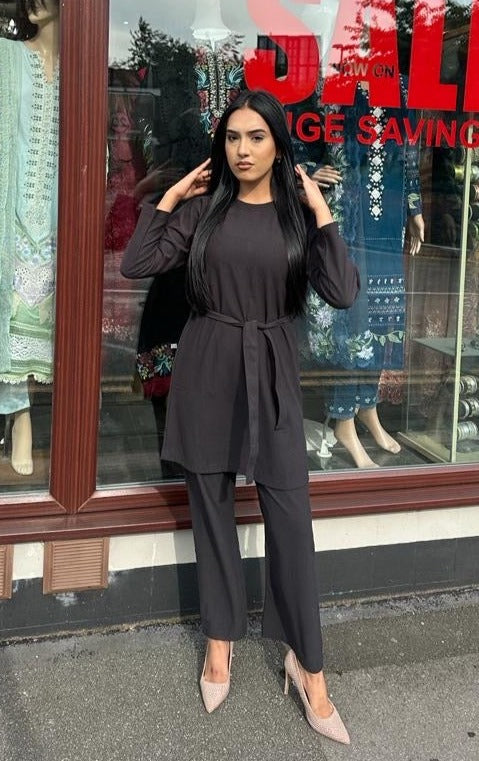 Aisha Jersey Belted Co ord Set Black - Desi Posh