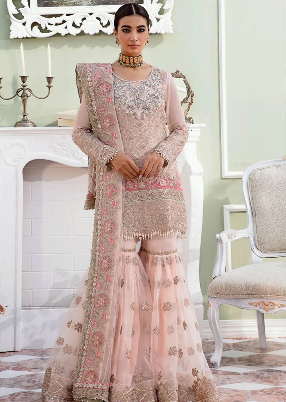 Imrozia Premium Inspired Embroidered 3 Piece Pink Wedding Gharara Outfit - Desi Posh