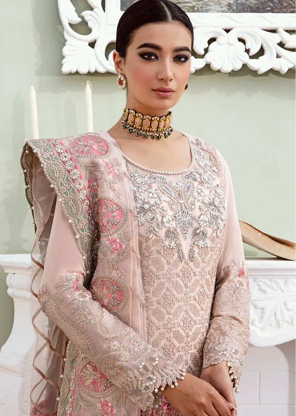 Imrozia Premium Inspired Embroidered 3 Piece Pink Wedding Gharara Outfit - Desi Posh