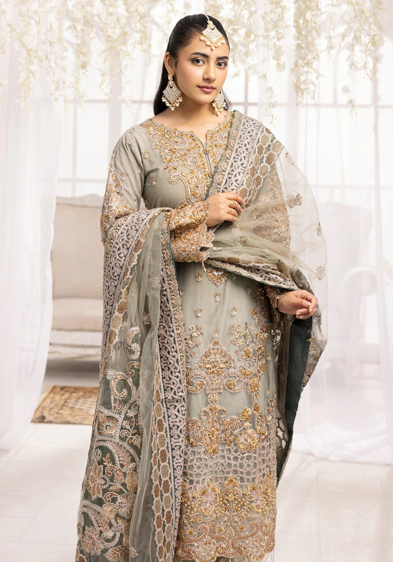 Imrozia Premium Inspired Embroidered Green 3 Piece Wedding Sharara Outfit