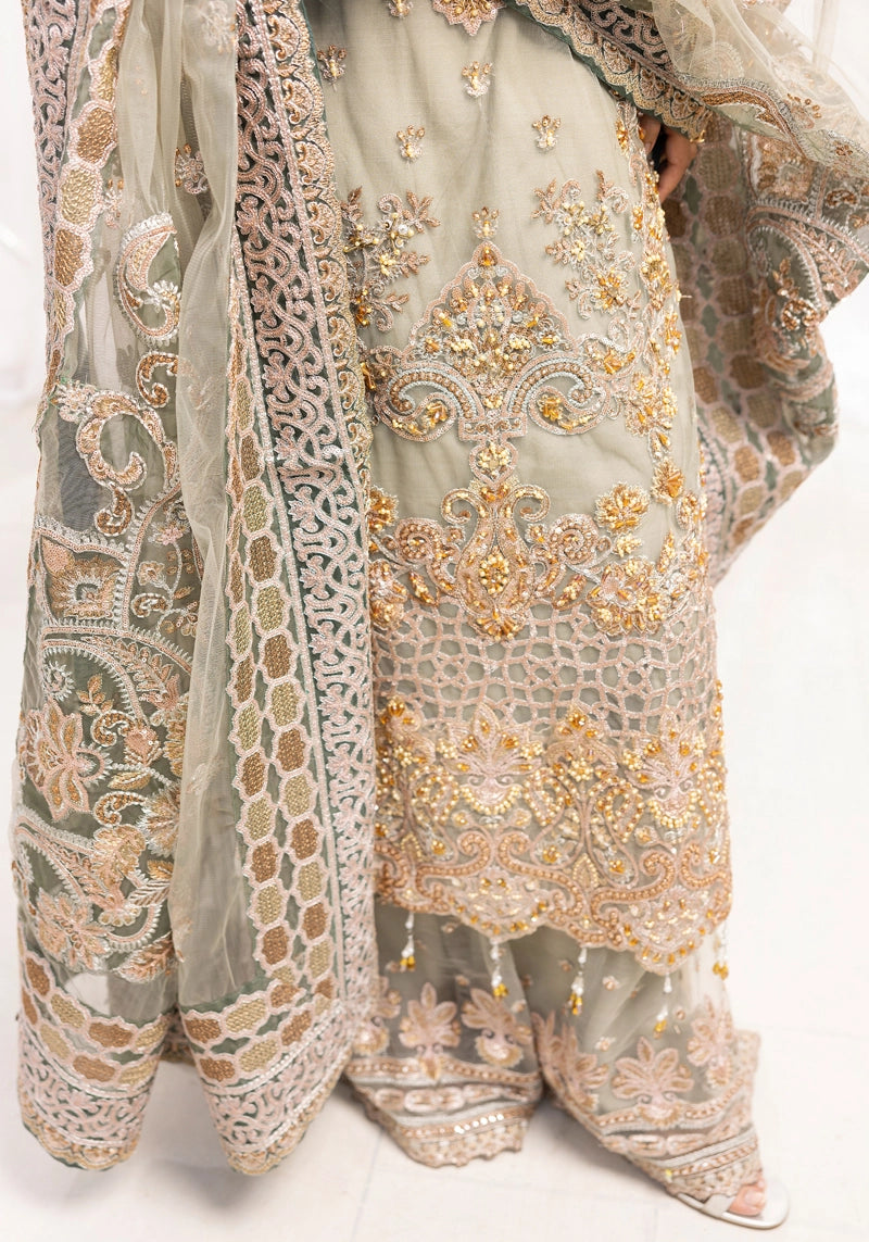 Imrozia Premium Inspired Embroidered Green 3 Piece Wedding Sharara Outfit