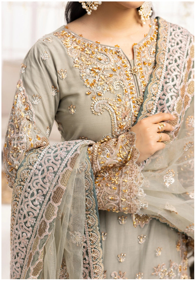 Imrozia Premium Inspired Embroidered Green 3 Piece Wedding Sharara Outfit