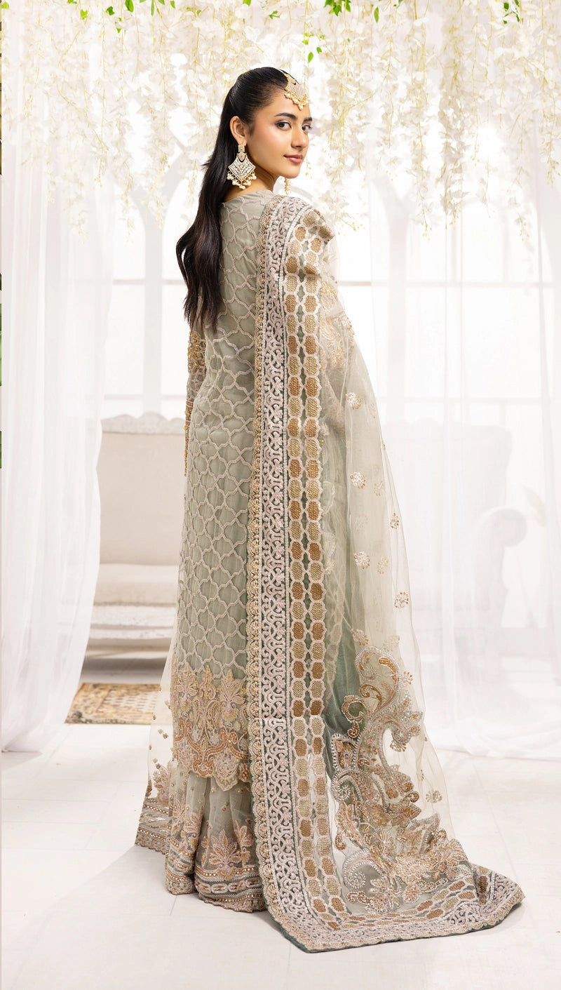 Imrozia Premium Inspired Embroidered Green 3 Piece Wedding Sharara Outfit