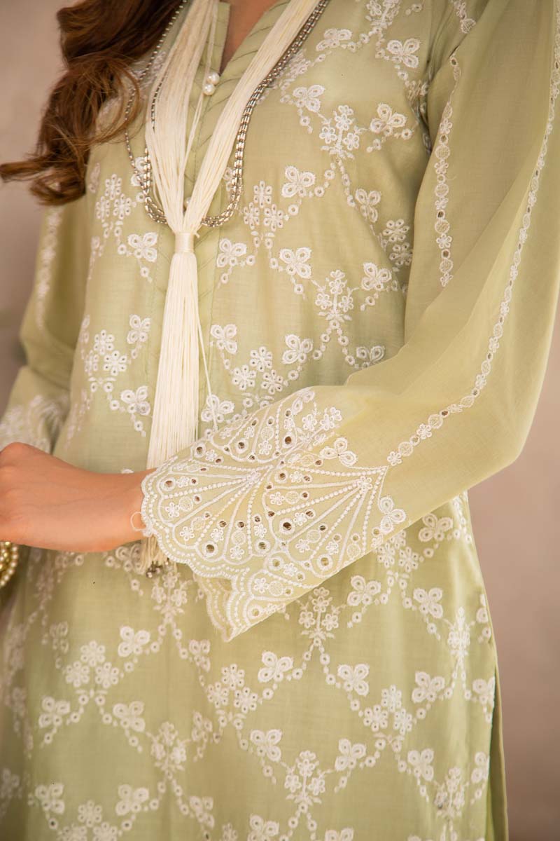 Simrans 3 Piece Chikan Kari Embroidered Light Green Suit - Desi Posh
