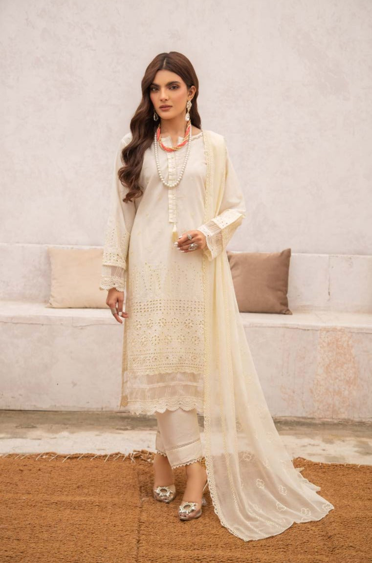 Simrans 3 Piece Chikan Kari Embroidered Cream Suit - Desi Posh