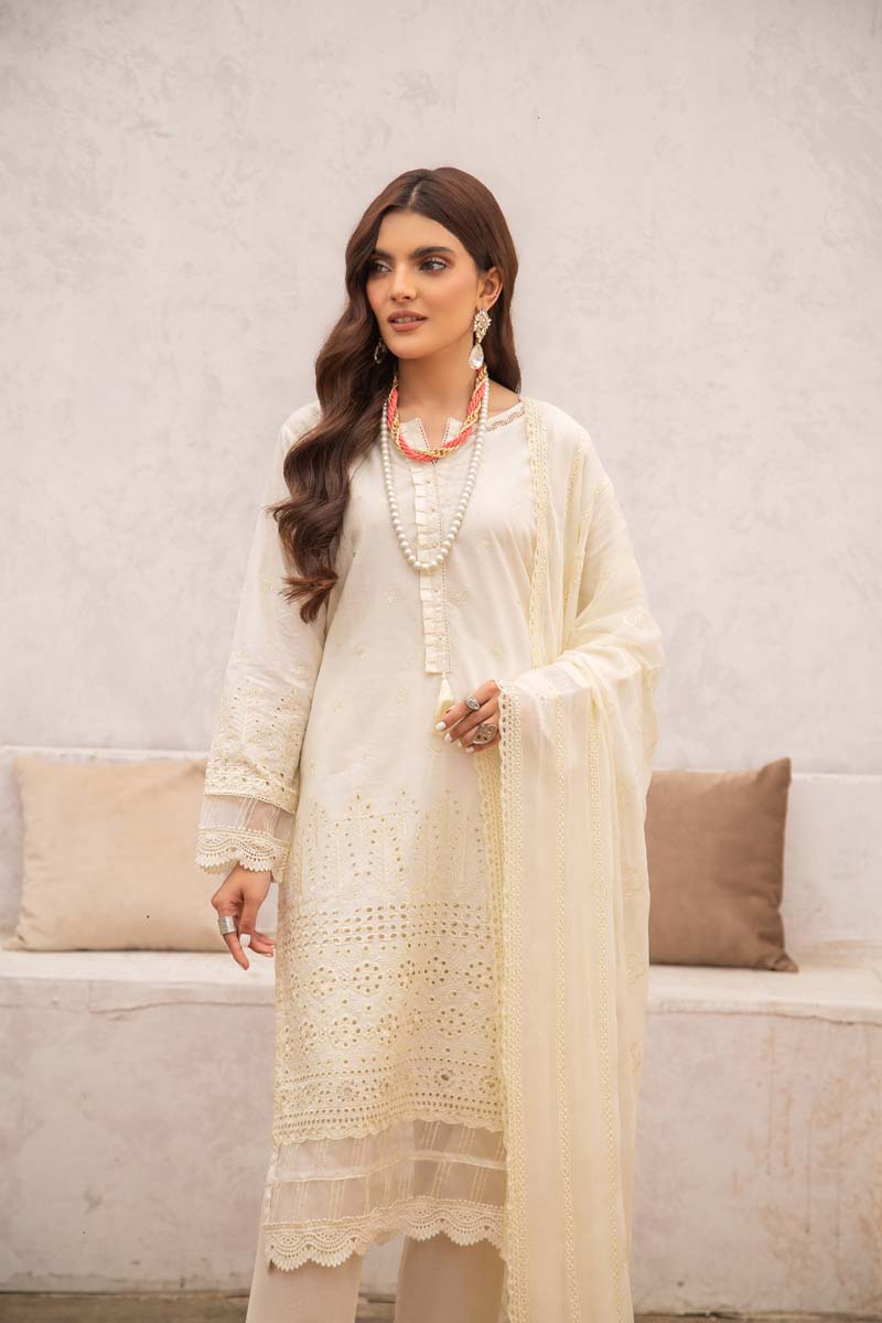 Simrans 3 Piece Chikan Kari Embroidered Cream Suit - Desi Posh