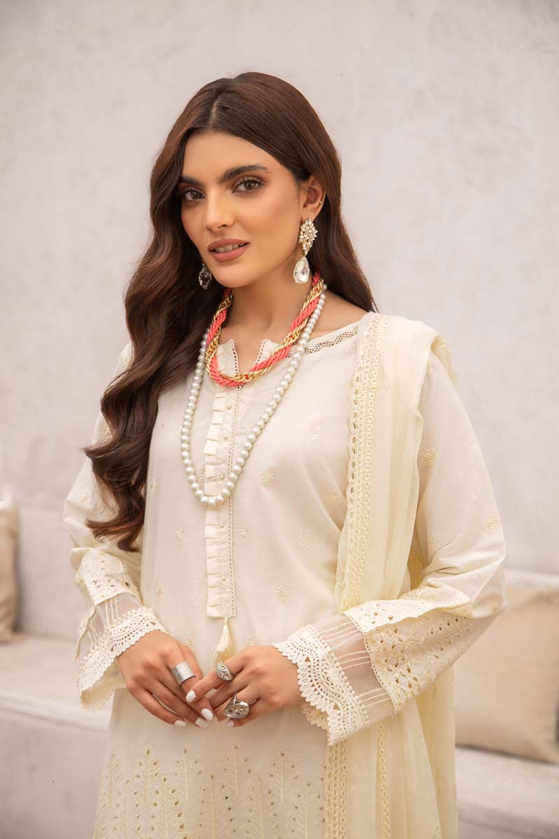 Simrans 3 Piece Chikan Kari Embroidered Cream Suit - Desi Posh