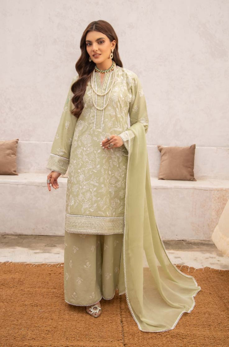 Simrans 3 Piece Chikan Kari Embroidered Green Palazzo Suit - Desi Posh