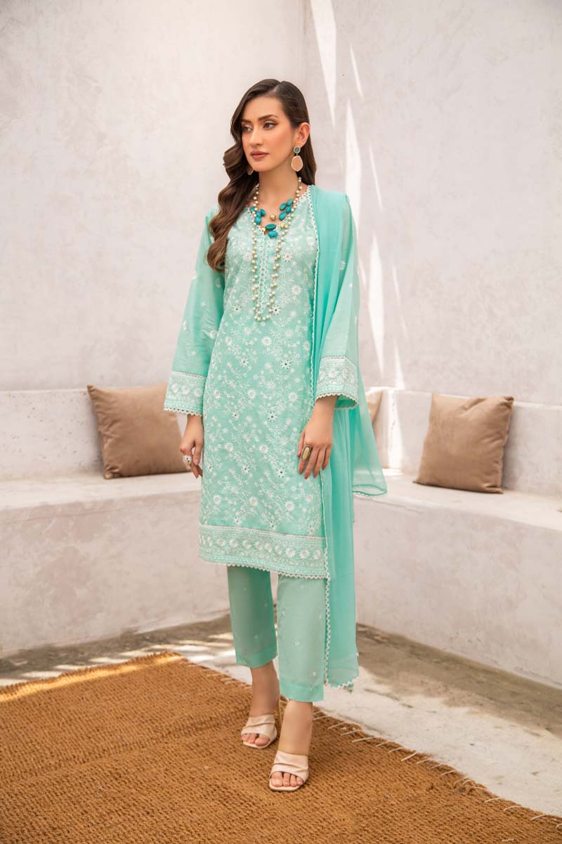 Simrans 3 Piece Chikan Kari Embroidered Sea Green Suit - Desi Posh