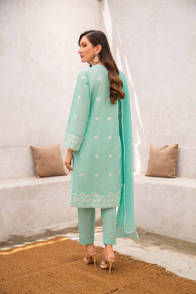 Simrans 3 Piece Chikan Kari Embroidered Sea Green Suit - Desi Posh