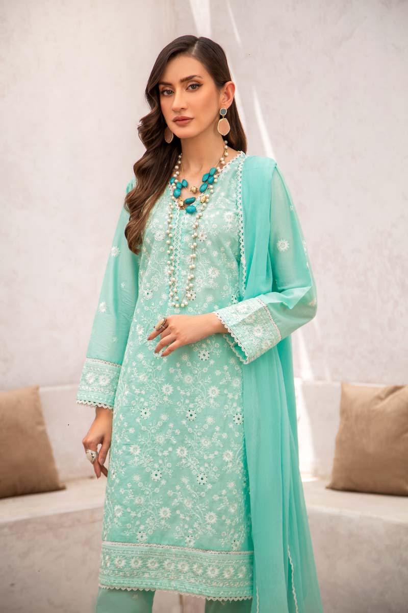 Simrans 3 Piece Chikan Kari Embroidered Sea Green Suit - Desi Posh