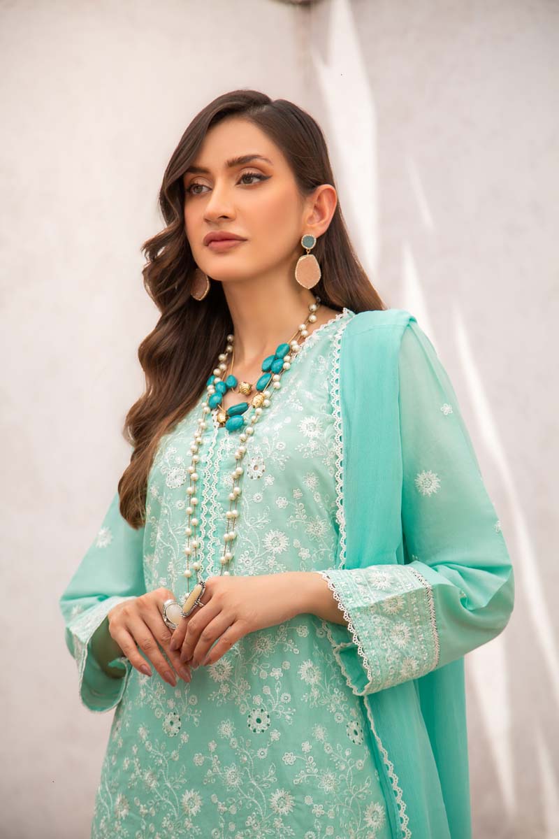 Simrans 3 Piece Chikan Kari Embroidered Sea Green Suit - Desi Posh