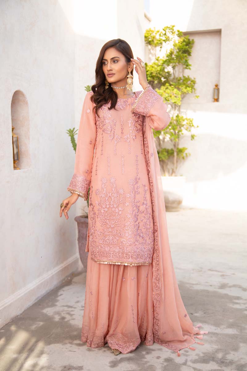 Simrans Wedding Chiffon Coral Reef 3 Piece Sharara Outfit - Desi Posh