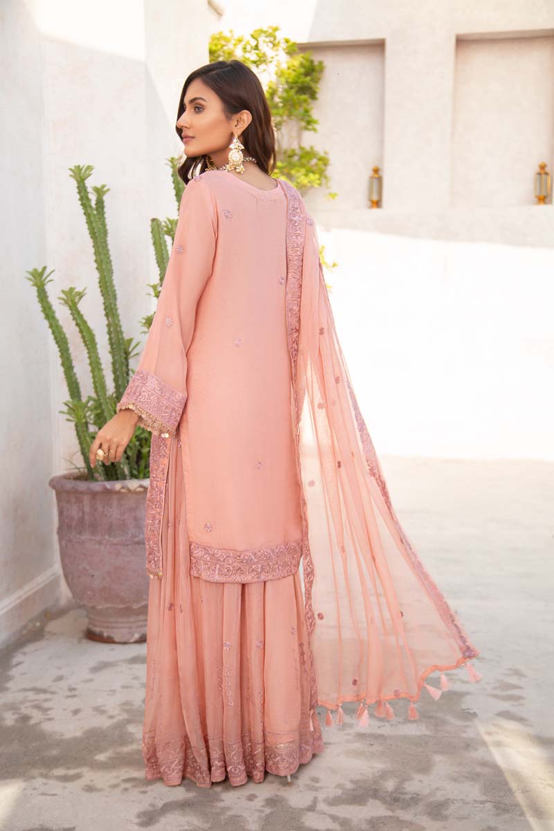 Simrans Wedding Chiffon Coral Reef 3 Piece Sharara Outfit - Desi Posh