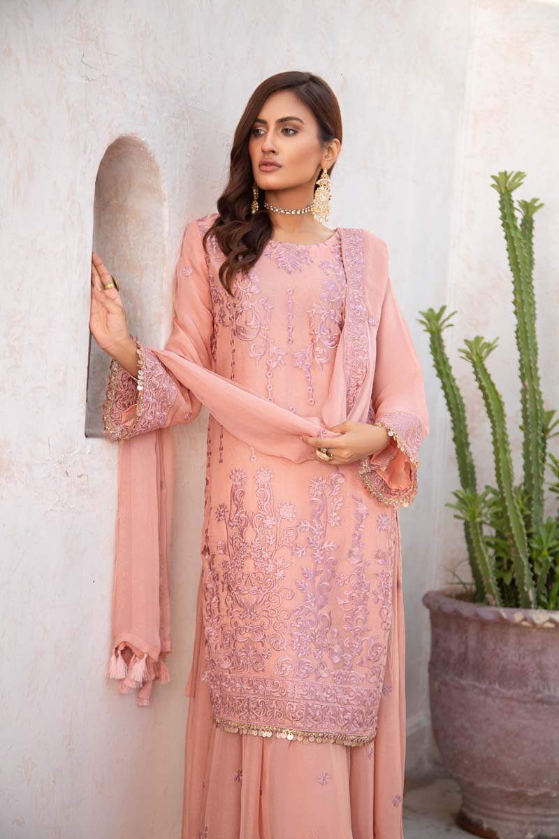 Simrans Wedding Chiffon Coral Reef 3 Piece Sharara Outfit - Desi Posh