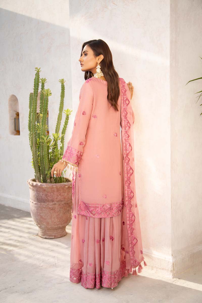 Simrans Wedding Chiffon Pink Rose 3 Piece Sharara Outfit - Desi Posh
