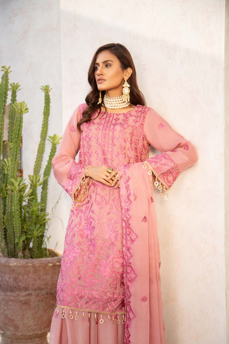 Simrans Wedding Chiffon Pink Rose 3 Piece Sharara Outfit - Desi Posh