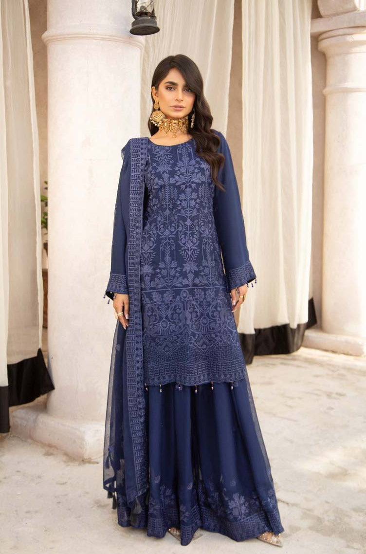 Simrans Wedding Chiffon Navy Blue 3 Piece Sharara Outfit - Desi Posh