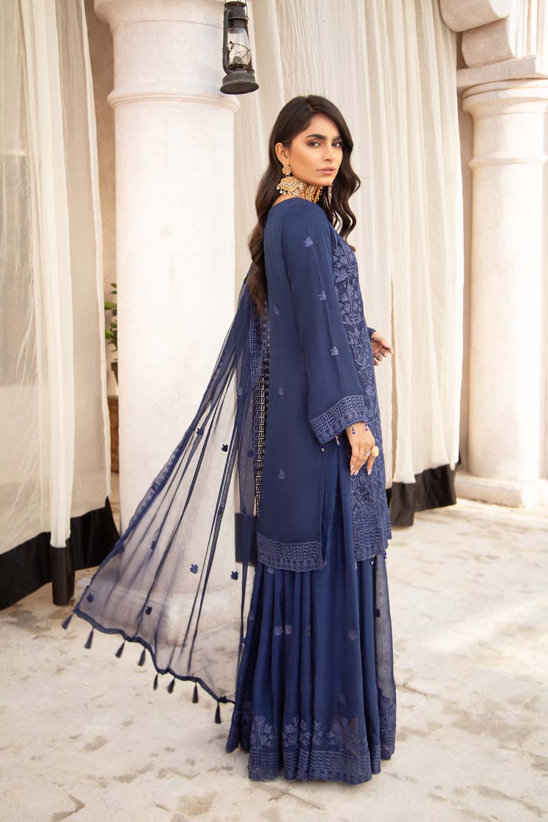 Simrans Wedding Chiffon Navy Blue 3 Piece Sharara Outfit - Desi Posh