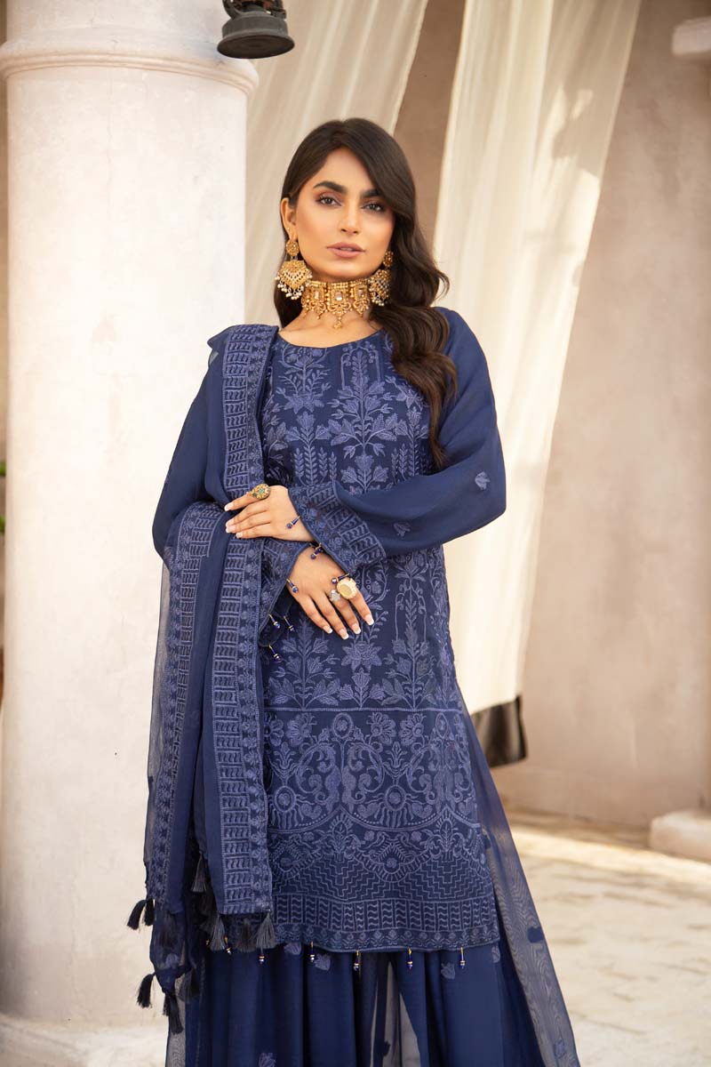 Simrans Wedding Chiffon Navy Blue 3 Piece Sharara Outfit - Desi Posh